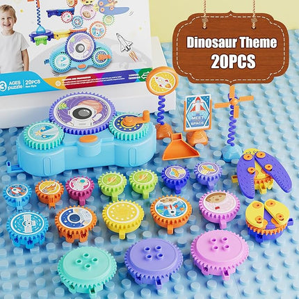 STEM Gears Toys for Kids Ages 3+, Creative Learning Building Blocks, 20Pcs Educational Construction Toy Set, Electric & Manual Dual Mode, Versatile Gear Playset Gift for Boys & Girls