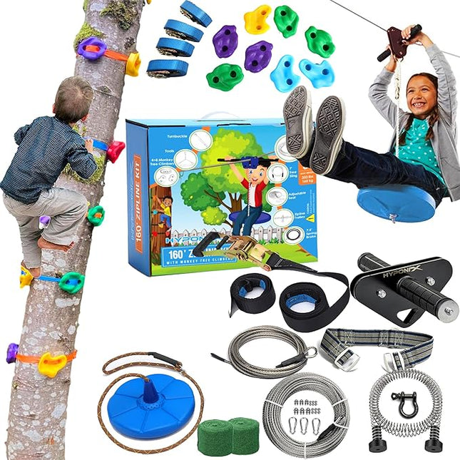 Zip Line Kit for Kids and Adults, 100/120/150/200 ft, Up to 350 Lbs, Removable Trolley, Rustproof Stainless Steel, Quick Setup with Ratchet, Safety Harness, Backyard Adventure Fun W/Climbing Holds