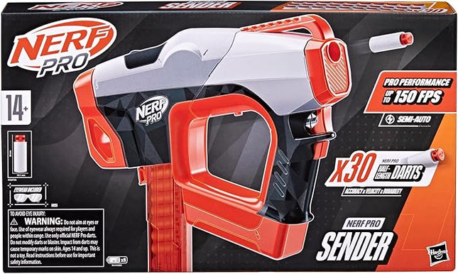 Nerf Pro Sender Half-Length Semi Automatic Dart Blaster, 150 FPS, 30 Nerf Pro Half-Length Darts, 15-Dart Magazine, Eyewear, Gifts for Teens, 14+