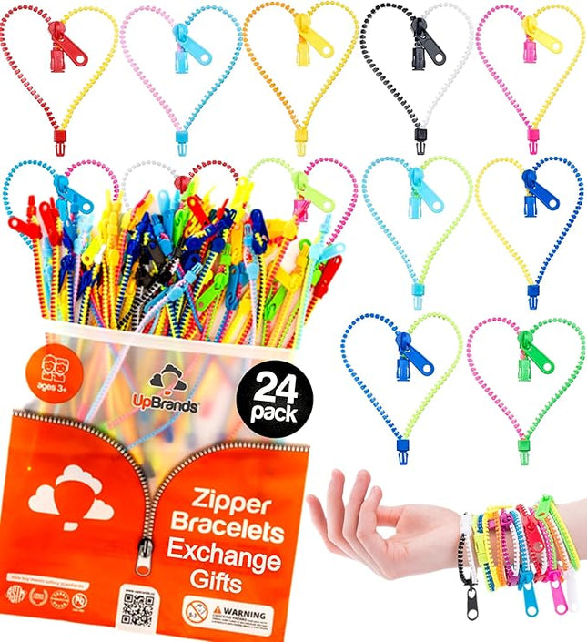UpBrands 24 Fidget Toys Zipper Bracelets 7.5 Inches, Easter Basket Stuffers, Sensory Toys Bulk Set, Neon Colors, Kit for Birthday, Party Favors for Kids, Easter Egg Fillers
