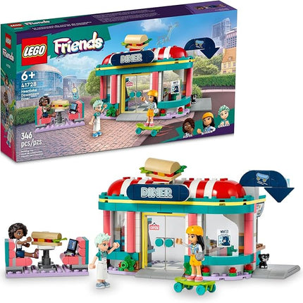 LEGO Friends Heartlake Downtown Diner Building Toy - Restaurant Pretend Playset with Food, Includes Mini-Dolls Liann, Aliya, and Charli, Birthday Gift Toy Set for Boys and Girls Ages 6+, 41728