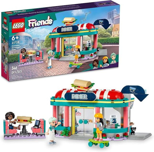 LEGO Friends Heartlake Downtown Diner Building Toy - Restaurant Pretend Playset with Food, Includes Mini-Dolls Liann, Aliya, and Charli, Birthday Gift Toy Set for Boys and Girls Ages 6+, 41728