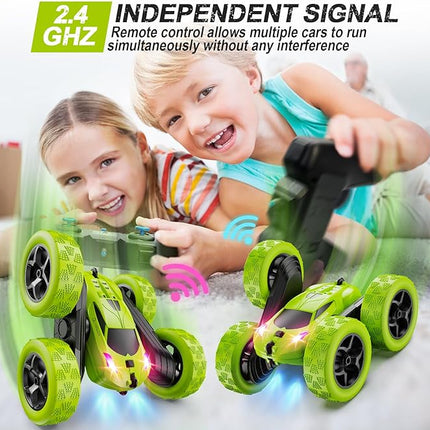 Remote Control Car for Kids Ages 6+, RC Cars Stunt Car Toy 4WD Double Sided 360° Rotating Remote Control with Headlights, Birthday Xmas Gifts for Boys 6 7 8 9 10 11 12 Green