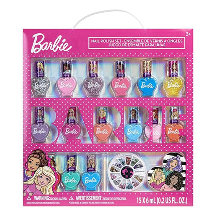Townley Girl Barbie Movie 18 Piece Set Kids Water-Based Nail Polish Set, Includes Nail Polish, Nail Gems, Nail File for Age 3+, Parties Birthday