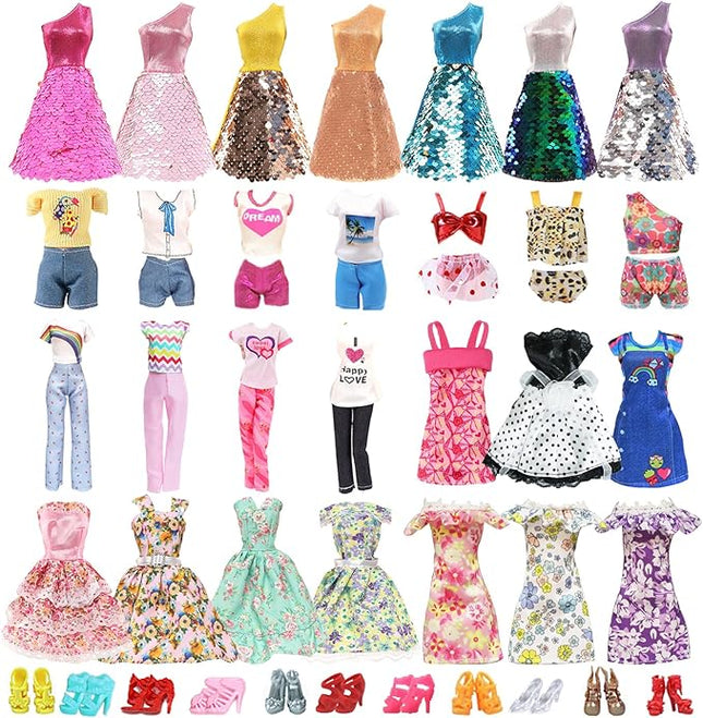 25 PCS Doll Clothes for 11.5 inch Girl Doll Including 3 Flower Dress 2 Seqien Dress 3 Casual Wear 2 Fashion Dress 2 Swimwear 10 Pair of Shoes Birthday for Girls Style in Random