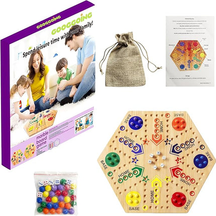 Wooden Board Game, Original Marble Game Double Sided Painted 2 to 6 Player Fast Track Board Game Wooden with 6 Colors 24 Marbles 6 Dice for Adults Kids Family(20 INCH)