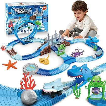 VATOS Shark Track Toys - 219 Pcs Flexible Race Track Set with 360° Loops, Electric Shark Car & Auto-Rotating, Create a Shark Theme Road Race, STEM Toy Birthday for Boys Girls Ages 3-8