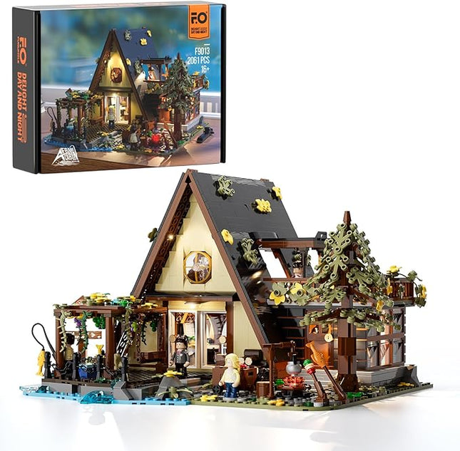 FUNWHOLE A-Frame Cabin Lighting Building Bricks Set - 2061 PCS Adult Construction Building Model Set for Adults and Teen