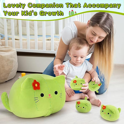 5 PCS Cactus Cat Plush Stuffed Animal Family-19" Soft Cactus Cat Plush, Large Mommy Plushies with 4 Baby Kittens Plushies for Kids, Kawaii Plush Toy Christmas Birthday Gifts for Kids Boys Girls