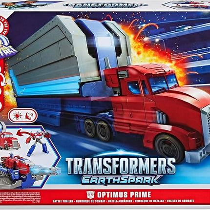 Transformers EarthSpark Optimus Prime Battle Trailer Playset with Action Figure, Lights and Sounds, Electronic Truck Toys for Kids 6 and Up