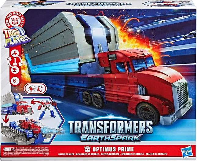 Transformers EarthSpark Optimus Prime Battle Trailer Playset with Action Figure, Lights and Sounds, Electronic Truck Toys for Kids 6 and Up