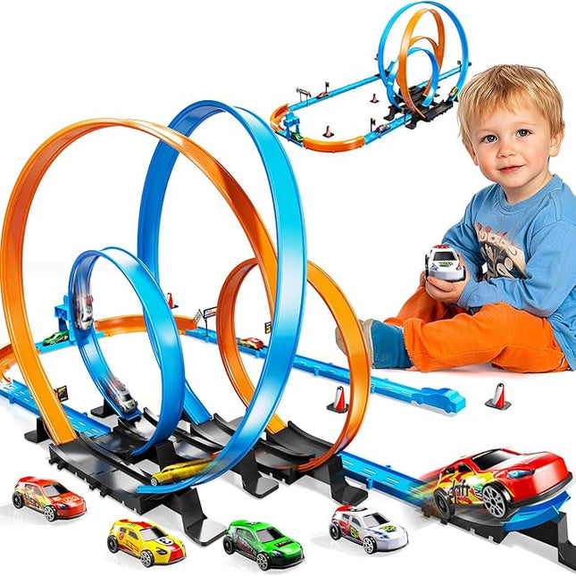 Toy Car Race Track Set for Boys Kids Age 3-5 4-7, Race Tracks with 4 High-Speed Pull Back Race Cars and Crash Zones, Christmas Halloween Birthdays Gifts Toys for Boys Kids 4-6 8-12 Years Old