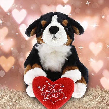 DolliBu I Love You Valentine Plush Bernese Dog - Cute Stuffed Animal with Red Heart and Name Personalization Gift for Valentines Day, Birthday, Anniversary, Romantic Date - 7 Inches