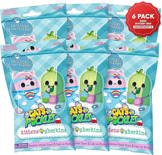 Cats vs Pickles Kittens vs Gherkins - Mystery Bags - 6pk - 3" Squishy Bean Filled Plushies! Collect These as Stocking Stuffers, Fidget Toys, or Sensory Toys - Great for Kids, Boys, & Girls Set B