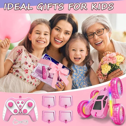 RC Stunt Car, Rmote Control Car for Gilrs, Double-Sided RC Crawler with 4 USB-C Batteries, 360° Rotating Drift Car, 2.4GHz Truck Toy for Kids 4-8+ Years