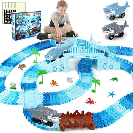 264 PCS Shark Race Tracks for Kids Toys, Glow in The Dark Magic Toy Set, 2 Shark Cars Track, Flexible DIY Track Set, Birthday Gift for Age 3-9 Boys Toddler Girls