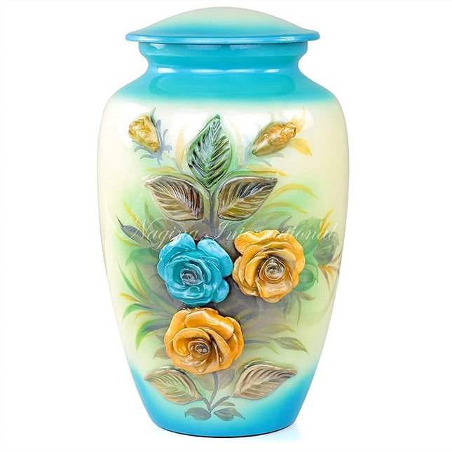 11" 3D Carved Decorative Flowers Aluminum Metal Cremation Urns for Human Ashes | Hand-Crafted Large Urn for Adult Cremation (Teal Blue)