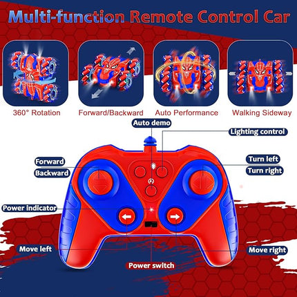 Spider Remote Control Car for Boys, Rechargeable RC Cars Toys with Cool Lights, 2.4Ghz Double Sided Drift RC Stunt Cars, 360°Rotating 4WD Off-Road Race Car for 4-6 6-12 Boy Kids Gifts