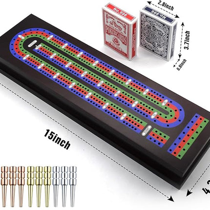 Wooden Cribbage Board Game Set with Metal Pegs and 2 Decks of Playing Cards, Travel Cribbage Board with Card Storage, Magnetic Lock, Classic Continuous 3 Track Cribbage Set for Family
