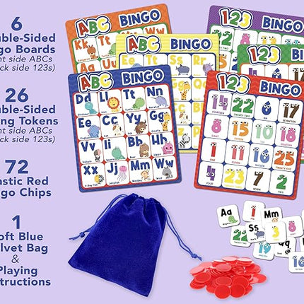 Party Hearty Alphabet and Number, ABC and 123 Bingo Board Game for Kindergarten and Preschool Kids Learn to Read Fun 2 Versions for Ages 4 and Up (Animal Edition)