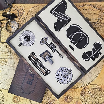 8-Piece 3D Metal Puzzle Box IQ Test Kit with Wooden Case, Brain Challenge for Adults Teens, Gift for Christmas, Valentine's Day, Birthday, Anniversary & Family Party Game