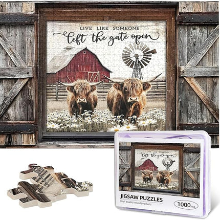 Highland Cow Jigsaw Puzzles 1000 Pieces for Adults, Farm Animal & Daisies Country Scene, Rustic Window View Wooden Puzzle, Relaxing Nature Art & Farmhouse Decor Gift