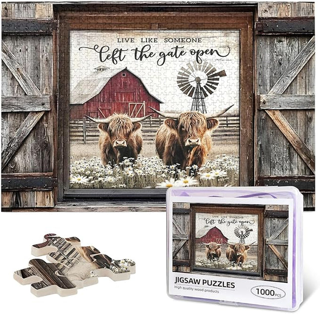 Highland Cow Jigsaw Puzzles 1000 Pieces for Adults, Farm Animal & Daisies Country Scene, Rustic Window View Wooden Puzzle, Relaxing Nature Art & Farmhouse Decor Gift