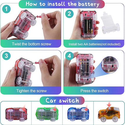 Tracks Cars Magic Light Up Track Cars Toy Glow in The Dark for 3 4 5 6 7 8 Kids Boy Girl, Race Cars with 5 LED Flashing Light Battery Operated Vehicle Compatible w/Most Tracks (4Pcs)