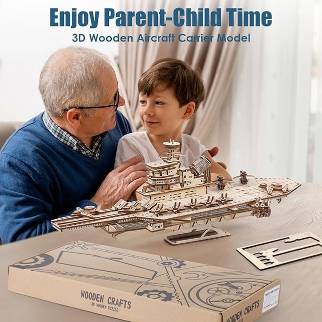 3D Wooden Puzzles for Adults, 242 PCS 3D Puzzles for Adults- Brain Teaser Wooden Puzzles for Father/Son, Gifts for Fathe/Son, Decompression 3D Puzzle Wood Models Kits (1.Aircraft Carrier)