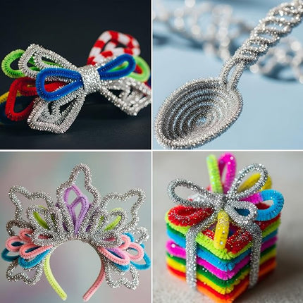 Caydo 200 Pieces Glitter Silver Pipe Cleaners, Thick Fluffy Chenille Stems, Pipe Cleaner Crafts for Arts & Crafts, Perfect for Making Animals, Flowers, and Festive Decorations