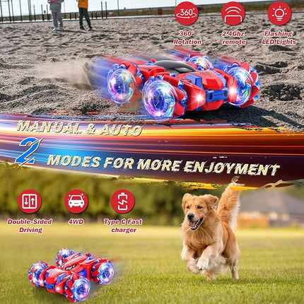 Spider Remote Control Car, 2.4Ghz RC Cars with Headlight Double Sided Off-Road 360° Rotating Rechargeable 4WD RC Stunt Car Indoor Outdoor Spider Toys for Boys 4-6 5-7 8-13