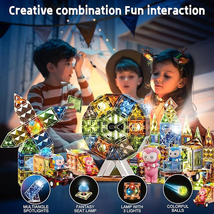 Deluxe Quality Magnetic Tiles Building Set with Attractive Reflective Pattern, LED Lights, Marble Run, and Cars - STEM Educational Toy for Creative Kids Girls Boys 3+ (110 pcs Castle)