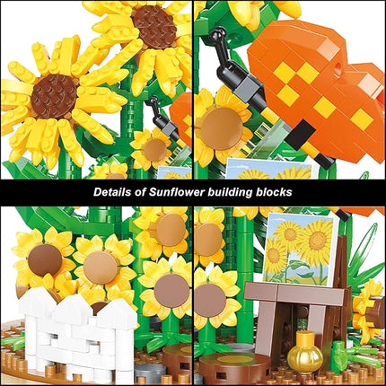QARULUS Sunflower Flower Bouquet Building Toy Mini Bricks Flowers Set Adult Botanical Collection Friends Set DIY Plants Bonsai Tree Valentine's Christmas New Year Birthday for Women