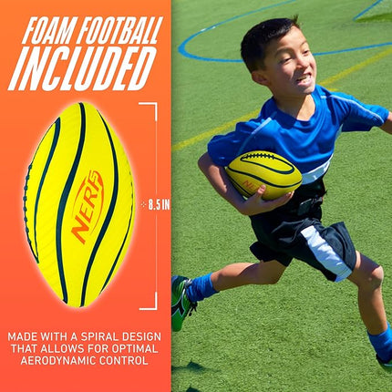 Nerf 10 Player Flag Football Belts + Ball Set - Youth Flags + Junior Foam Football for Kids - Full Kit for 5 v 5 Games - Includes (10) Belts + 1 Foam Ball