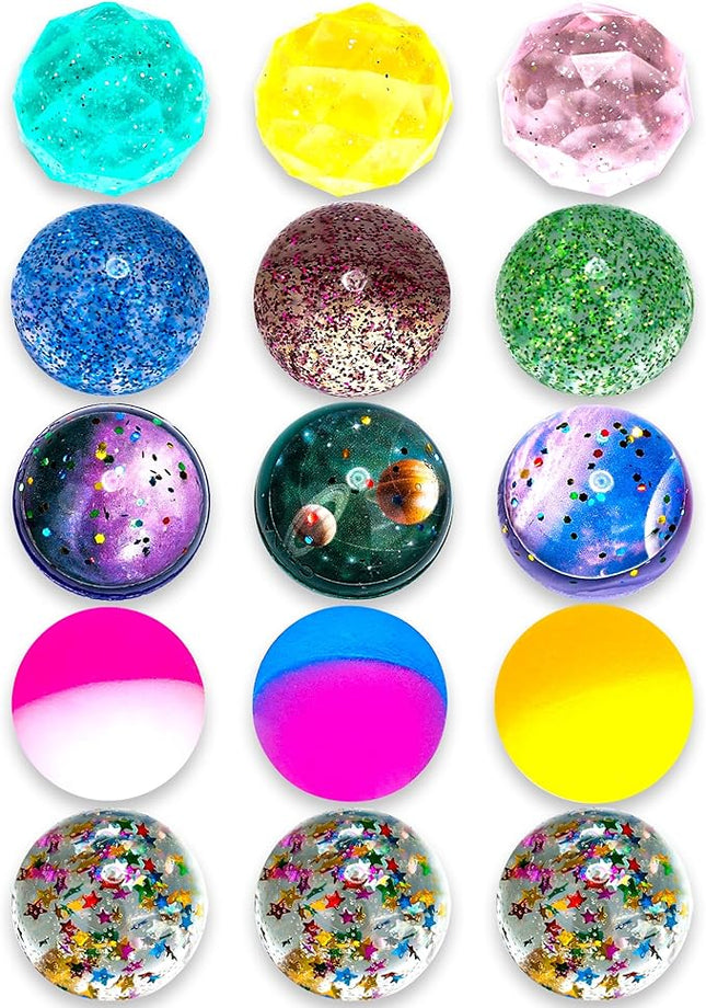Pllieay 15PCS Bouncy Balls for Kids with Storage Bag, 5 Styles 32mm Bouncy Balls Bulk Bounce Balls for Kids Birthday Party Favors, Goodie Bag Fillers