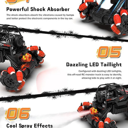 RC Stunt Car, Remote Control Car with 360° Rotation, Sideway Drift, Spray, All Terrain 4WD RC Stunt Hobby Cars for 6-12 Years Old Boys (Red)