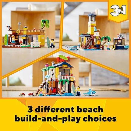 LEGO Creator 3 in 1 Surfer Beach House with 2 Minifigures and Dolphin Figure, Transforms from Surf Shack to Lighthouse to Pool House, Great Building Toy Set for Kids, Girls, and Boys Ages 8+, 31118