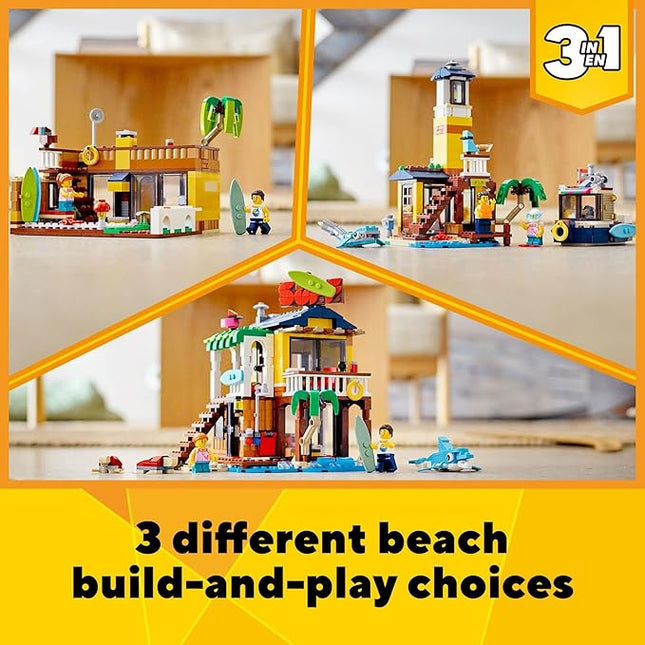 LEGO Creator 3 in 1 Surfer Beach House with 2 Minifigures and Dolphin Figure, Transforms from Surf Shack to Lighthouse to Pool House, Great Building Toy Set for Kids, Girls, and Boys Ages 8+, 31118