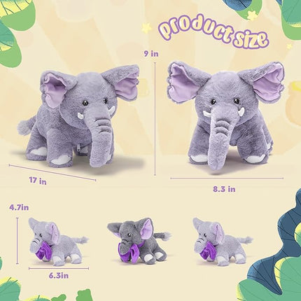 IKASA Mommy Elephant Stuffed Animal Mom and Baby Plush Toy, Cute 17" Soft Small Mama Family Set Cuddly Toy with Little Mini Babies,Gifts for Kids