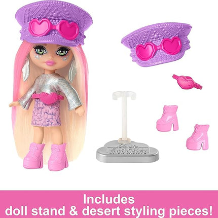 Barbie Extra Mini Minis Travel Doll with Pink & Blonde Hair, Fringe Top, Pastel Mini Skit & Desert-Themed Accessories