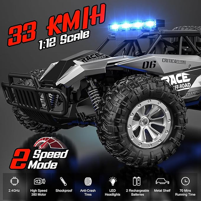 BLUEJAY Remote Control Car, 2.4GHz High Speed 33KM/H RC Cars Toys, 1:12 Monster RC Truck Off Road with LED Headlight and Rechargeable Battery Gifts for Adults Boys 8-12