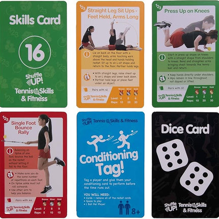 Shuffle Up Tennis Card Games - 70+ Fun & Active Skills Cards for Kids, Fitness Cards Develop Fundamentals, Stamina & Strength, Easy to Play for Kids | Multiple Skill Level Cards Include 2 Dices