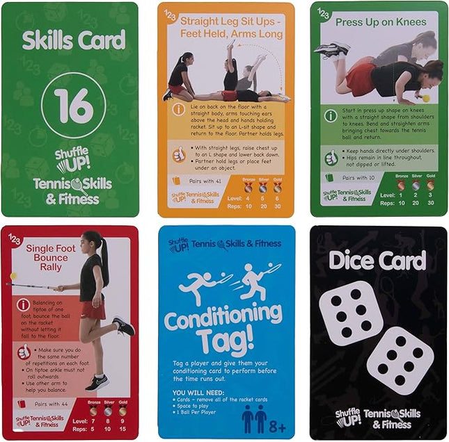 Shuffle Up Tennis Card Games - 70+ Fun & Active Skills Cards for Kids, Fitness Cards Develop Fundamentals, Stamina & Strength, Easy to Play for Kids | Multiple Skill Level Cards Include 2 Dices