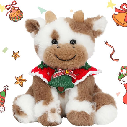 Hopearl Adorable Christmas Plush Cow Toy Floppy Dairy Cattle Soft Stuffed Animal Cute Xmas Gifts for Boys Girls Kids Toddlers, Light Brown, 9''