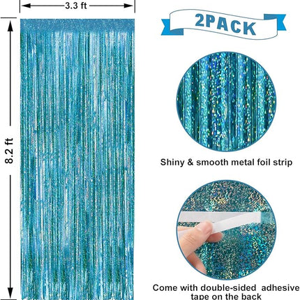 2 Pack Laser Blue Foil Fringe Curtains Streamers Party Decorations 3.3 x 8.2 ft, Blue Tinsel Curtain Fringe Backdrop for Parties, Door Fringe Birthday Streamers, Photo Booth Backdrops, Party Decor