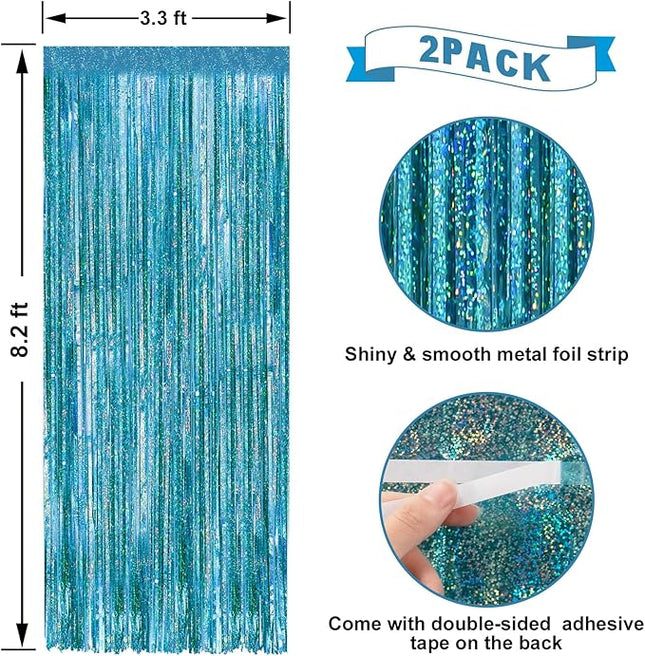 2 Pack Laser Blue Foil Fringe Curtains Streamers Party Decorations 3.3 x 8.2 ft, Blue Tinsel Curtain Fringe Backdrop for Parties, Door Fringe Birthday Streamers, Photo Booth Backdrops, Party Decor