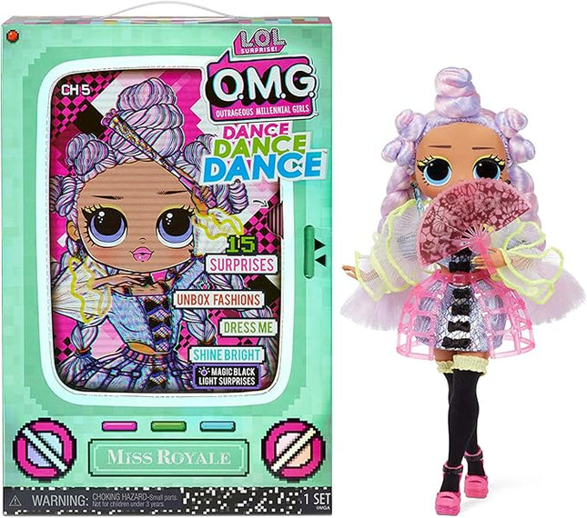 L.O.L. Surprise! OMG Dance Miss Royale Fashion Doll with 15 Surprises Including Magic Black Light, Shoes, Hair Brush, Doll Stand and TV Package - Great Gift for Girls Ages 4+