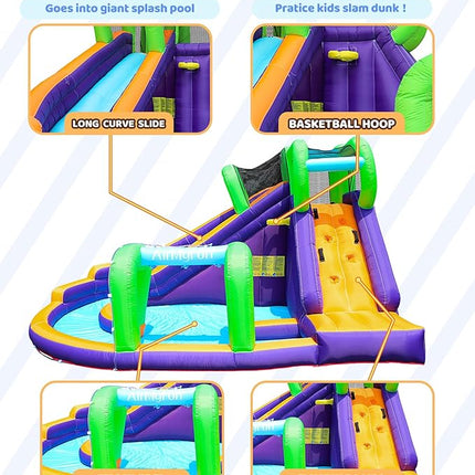 AirMyFun Water Bounce House Inflatable Bounce House for Kids with Blower. Family Backyard Bouncy Castle with Fun Doorway Tunnel, Climbing Wall, Long Safe Return Curved Slide and Ball Shooting