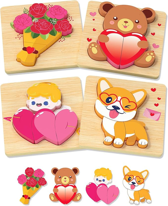 Yetonamr Valentines Wooden Puzzles Gifts for Kids, 4 Pack Toddler Valentine Day Toys for Boys Girls, Valentine Gifts for Kids Classroom, Montessori Toys Valentines Day Party Favors