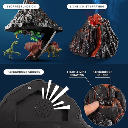 Large Volcano Set with 9 Realistic Dinosaur Action Figures for Kids 2 3 4 5 6 8 10 Years, Simulated Volcanic Eruptions w/Sounds, Volcano Can Store Dinos, Gift for Toddlers Boys & Girls